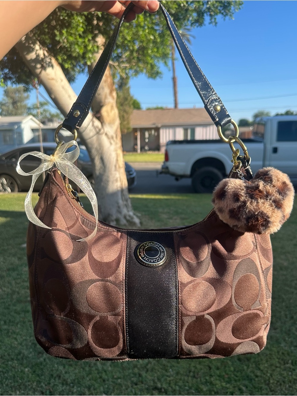 Y2K Coach Brown Signature Jacquard Shoulder Bag with Black Strap